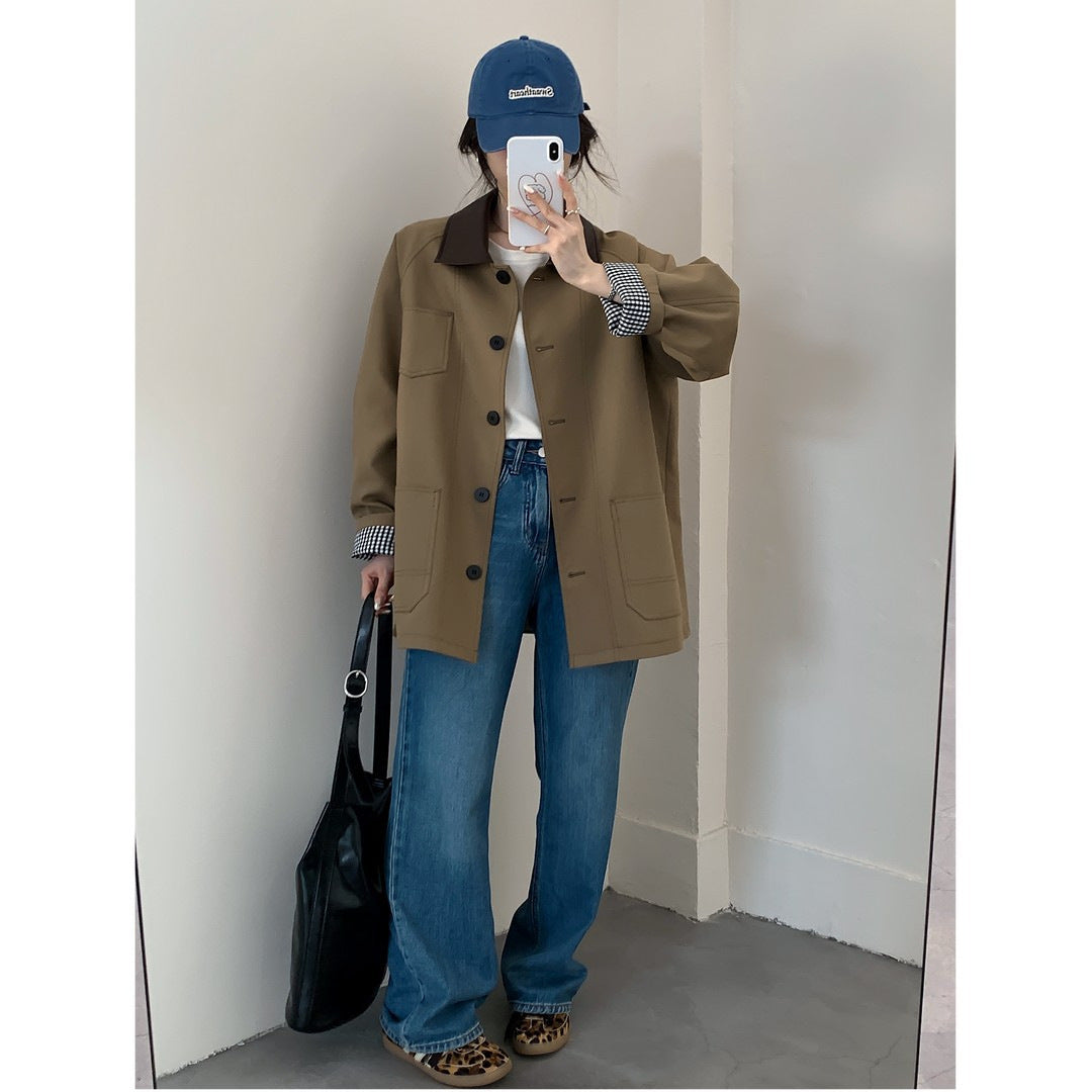 Women Oversized Short Jacket in Trench Style with Leather-Look Collar and Checked Cuffs