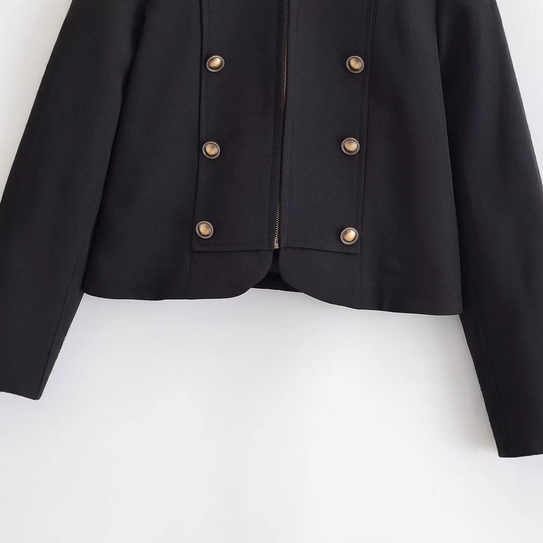 Ladies fitted short jacket in military style with decorative double-button placket, zip, and shoulder epaulettes