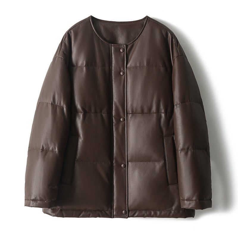 Women short cut padded faux leather jacket with round hem and snap-button placket