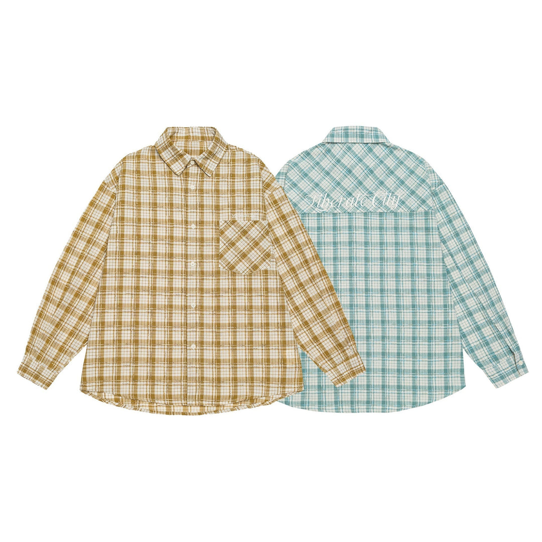 Unisex Oversize Shirt Jacket in checkered cotton look with rounded hem and breast pocket