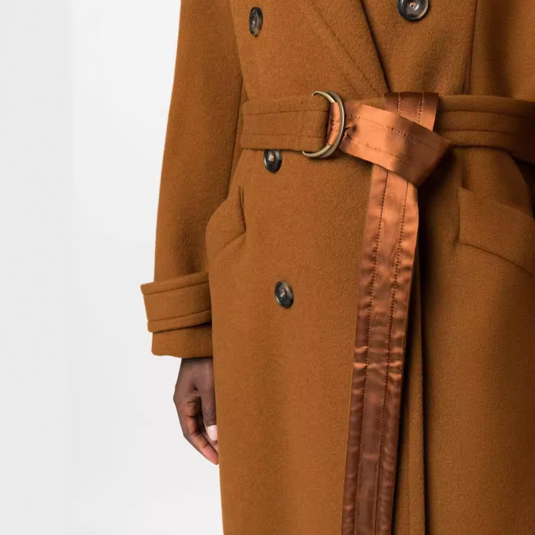 Women Maxilength Double-breasted Wool Blend Coat with Satin Ribbon Waist Belt and Rolled-up Sleeves