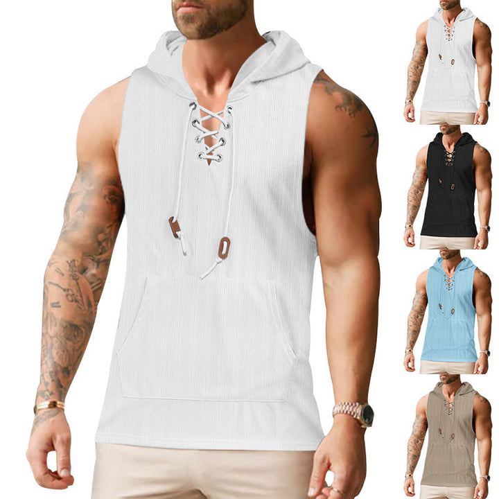 Men sleeveless hoodie sweatshirt with laced collar and kangaroo pocket