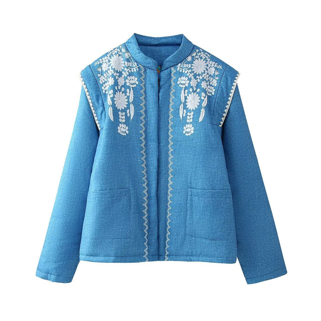 Women Quilted Linen Look Stand Collar Jacket with Folk Chest Embroidery &amp; Patch Pockets