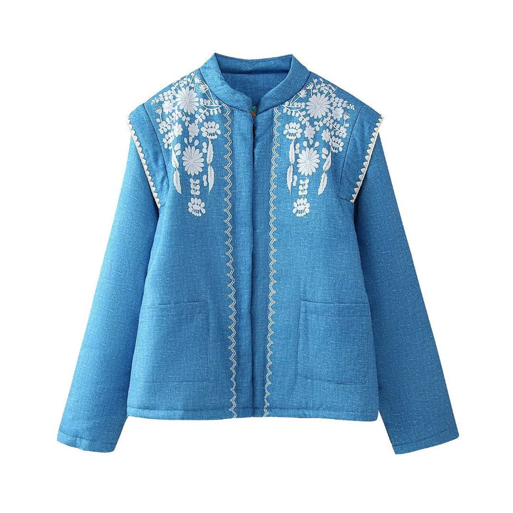 Women Quilted Linen Look Stand Collar Jacket with Folk Chest Embroidery &amp; Patch Pockets