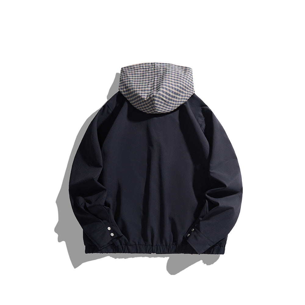 Unisex Light Hooded Transition Jacket with Check Patch Chest Pocket and Elastic Hem