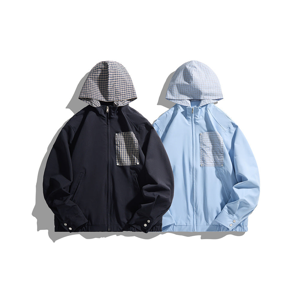 Unisex Light Hooded Transition Jacket with Check Patch Chest Pocket and Elastic Hem