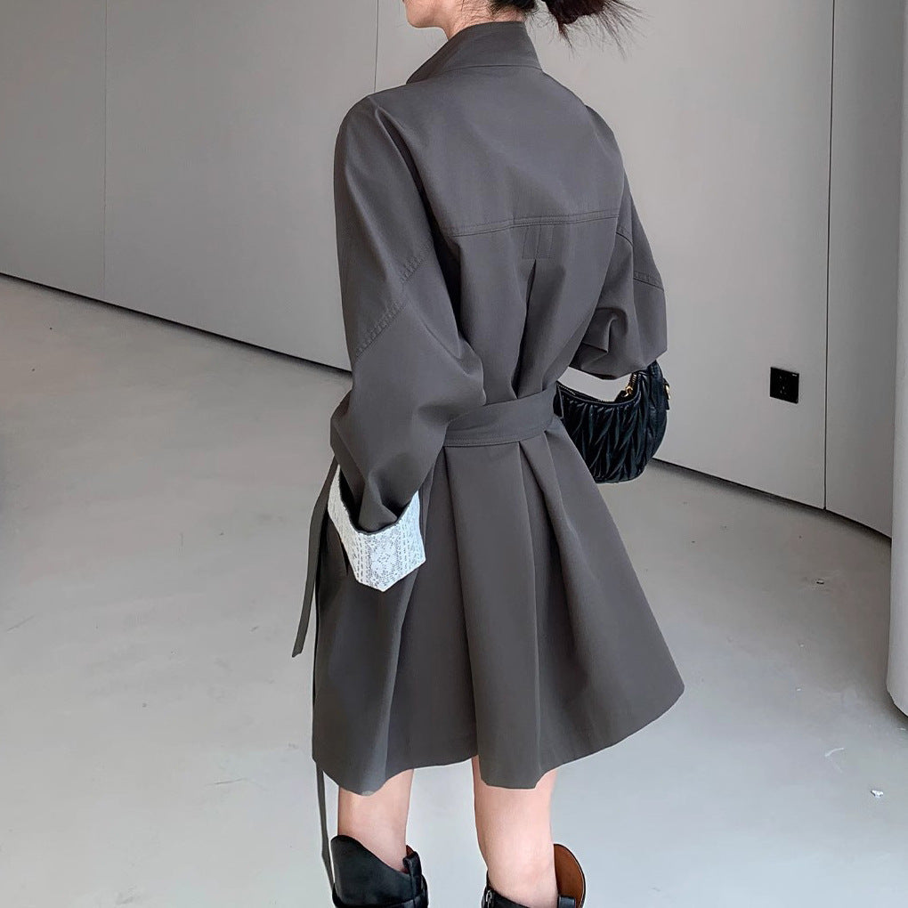 Women Elegant Trench Coat with Waist Belt and Contrast Sleeves