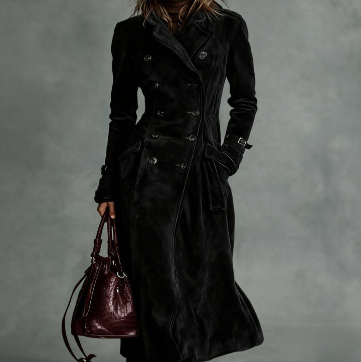 Women Longer Tailored Trench Coat in Suede Look with Double-Breasted Button Placket and Buckle Cuffs