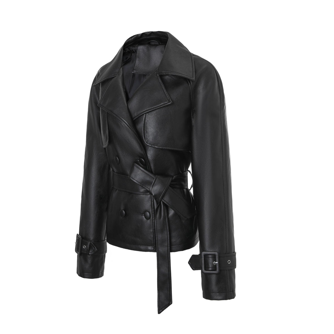 Ladies short trench coat in leather look with double-breasted button placket and waist belt