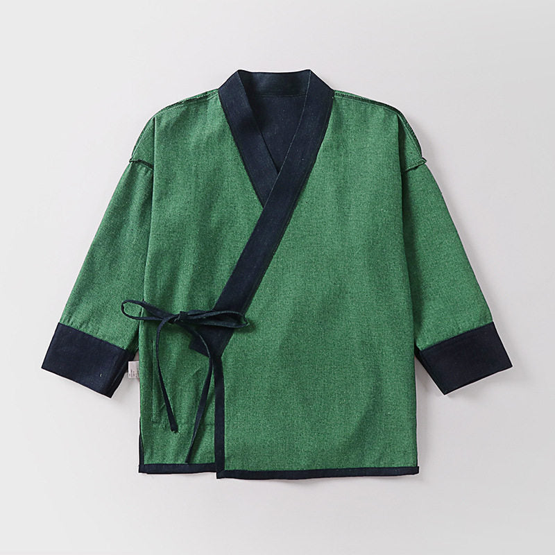 Unisex Lightweight Wrap Kimono Jacket made of Linen-Cotton Blend with Contrast Trim and Tie Belt