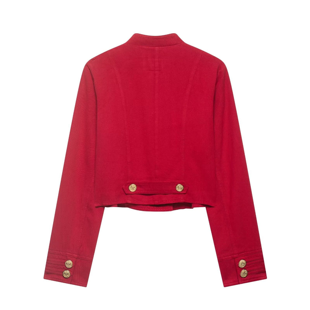 Women Short Military Jacket in Cropped Cut with Stand-up Collar and Golden Decorative Buttons