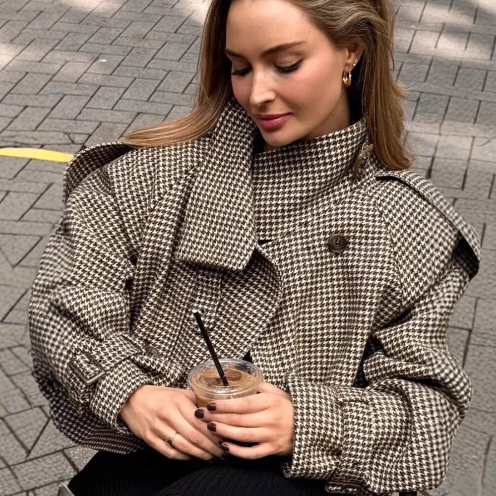 Women Oversize Trench Coat with Houndstooth Pattern, High Stand Collar and Shoulder Epaulettes