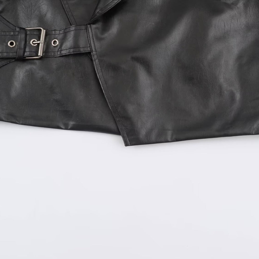 Women Short Oversized Faux Leather Jacket with Wide Shawl Collar and Belt