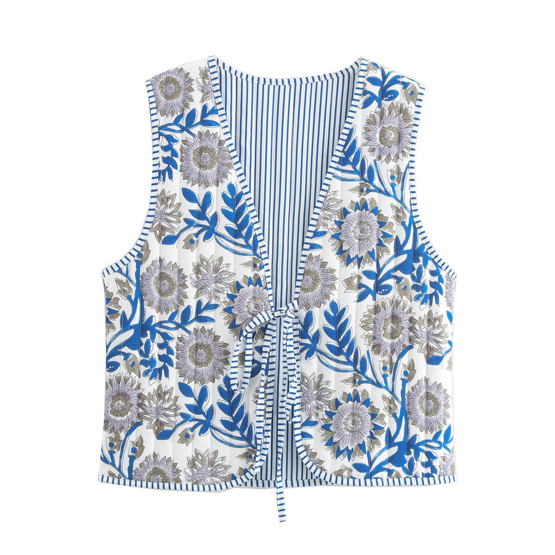 Women Patchwork Vest with Tie Band and V-Neck