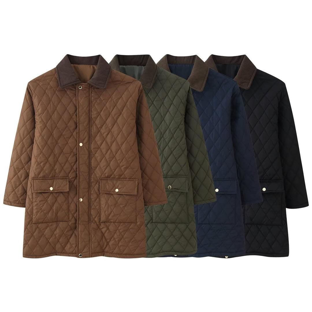 Women’s quilted coat with cord collar, checkered quilting and patch pockets
