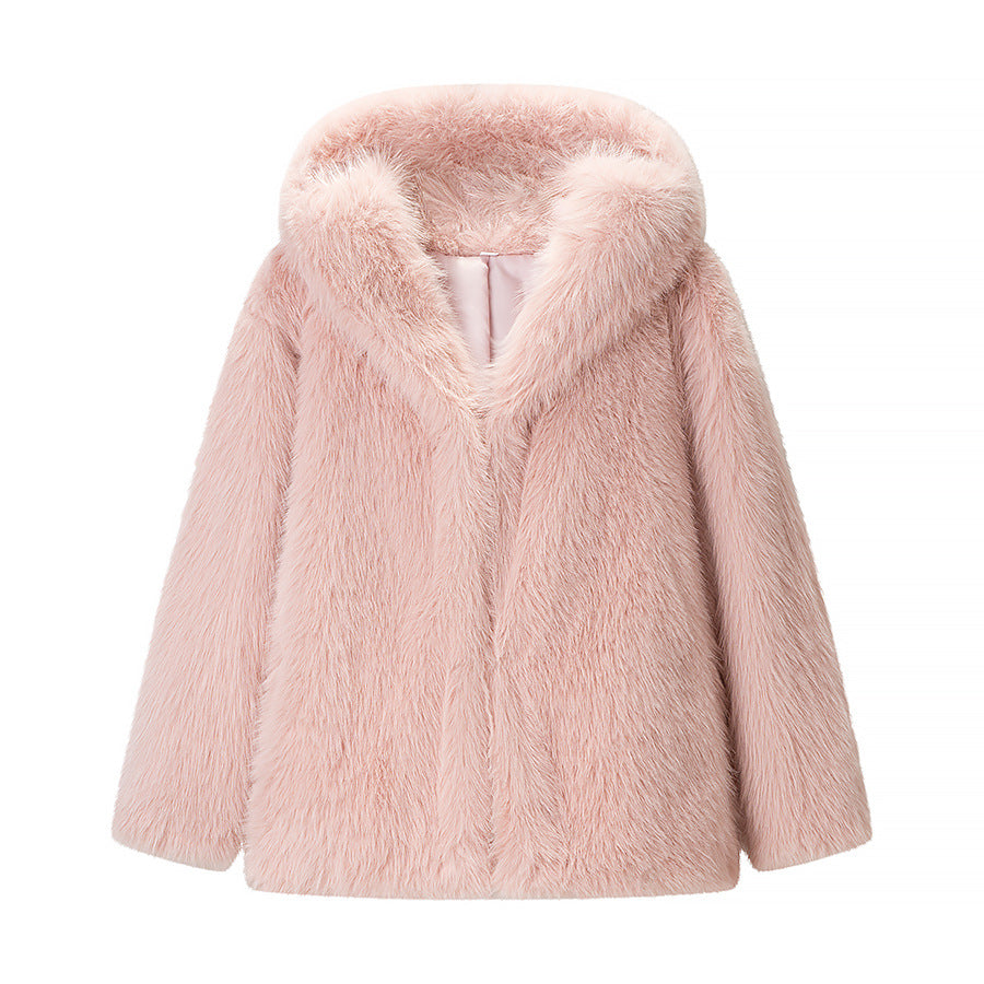 Women Short Jacket made of Faux Fur with Voluminous Shawl Collar and Oversize Silhouette