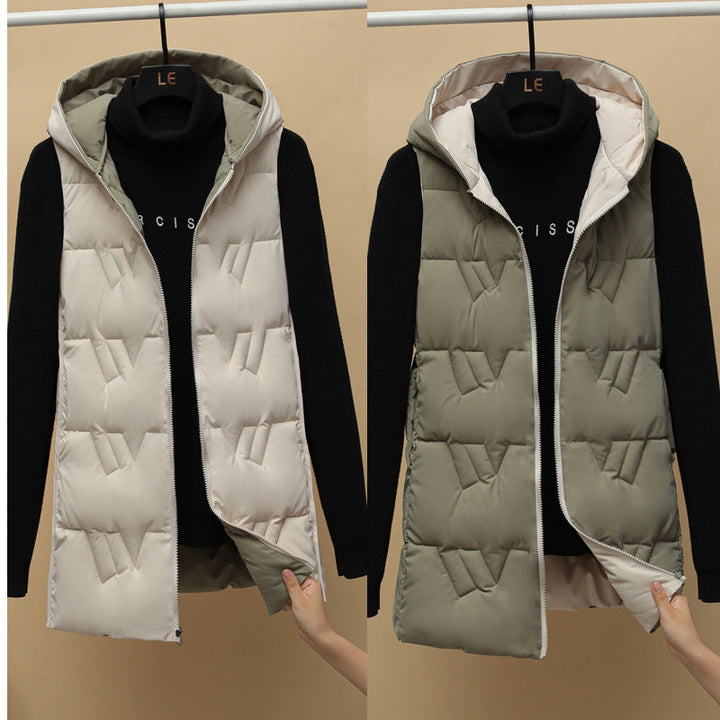Women’s quilted long padded hooded vest with zip
