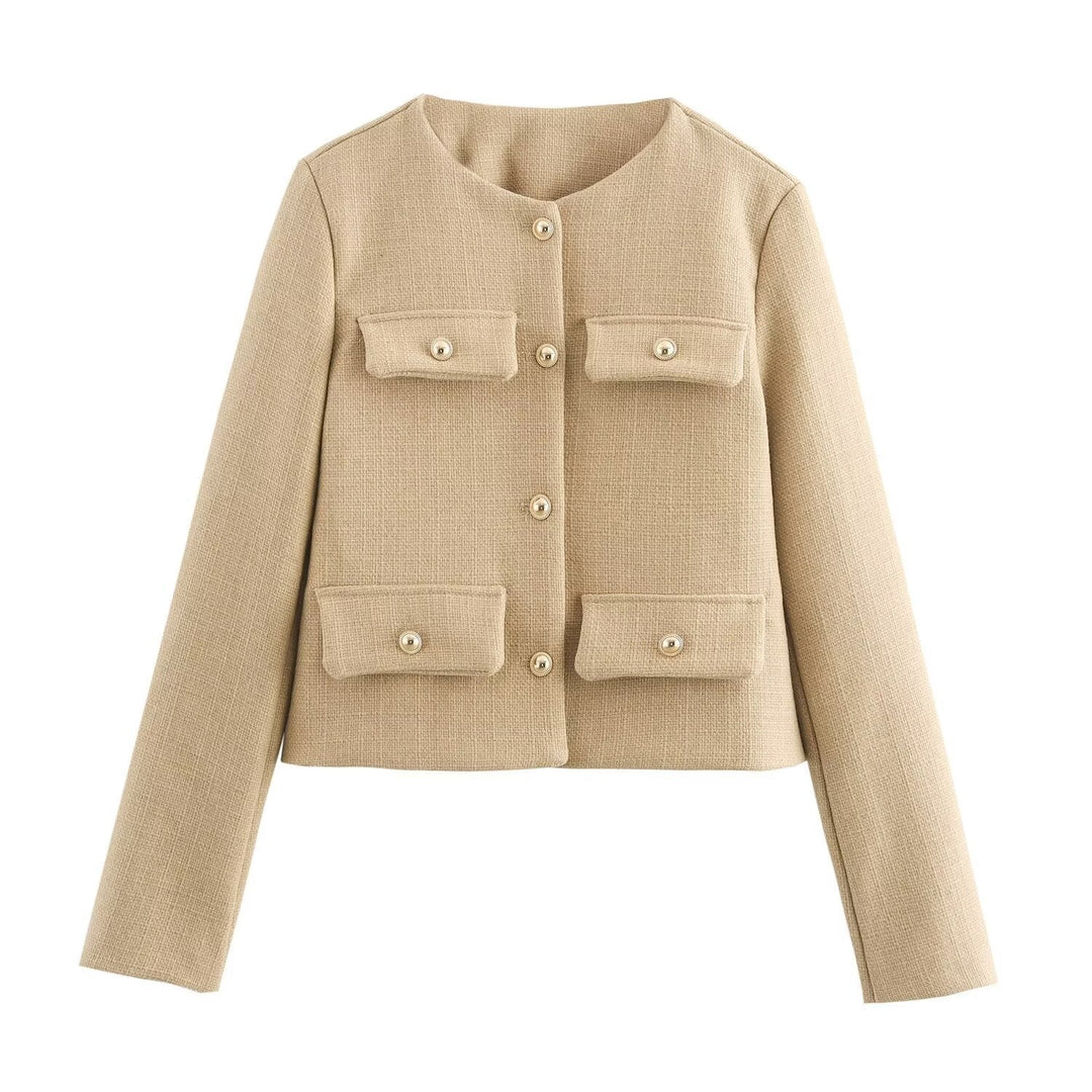 Women Short Boucle Blazer Jacket with Round Neck, Decorative Pocket Flaps, and Gold-Coloured Buttons