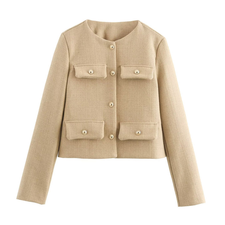 Women Short Boucle Blazer Jacket with Round Neck, Decorative Pocket Flaps, and Gold-Coloured Buttons