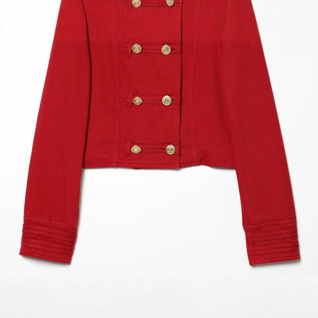 Women’s short military-inspired jacket with decorative ornate buttons