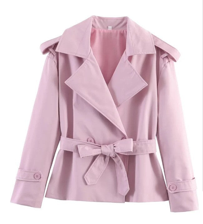 Women Tailored Short Trench Coat with Tie Belt and Epaulettes