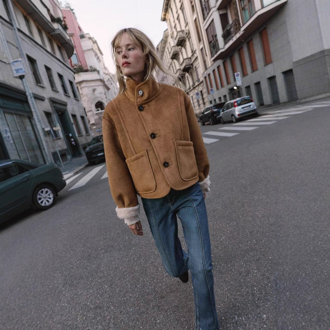 Women Short Jacket made of Suede Leatherette with Teddy Lining and Stand-Up Collar