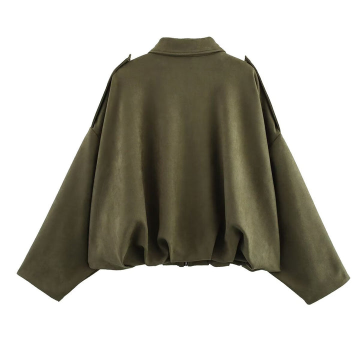 Women Cropped Oversized Blouson Jacket in Velour Look with Drawstring Hem and Epaulettes