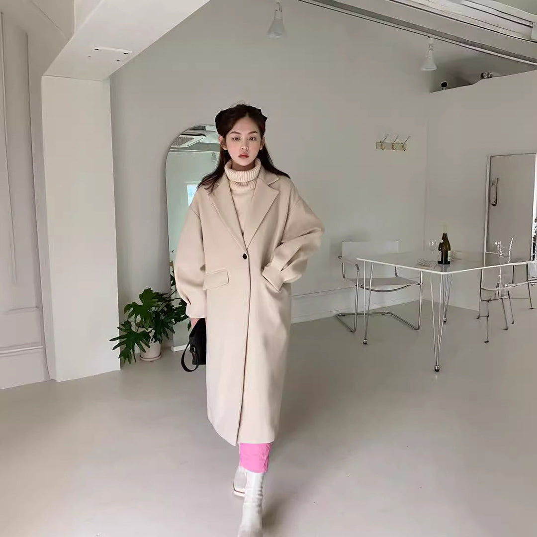 Women Longline Wool Blend Coat with boxy oversized fit and clean lapel