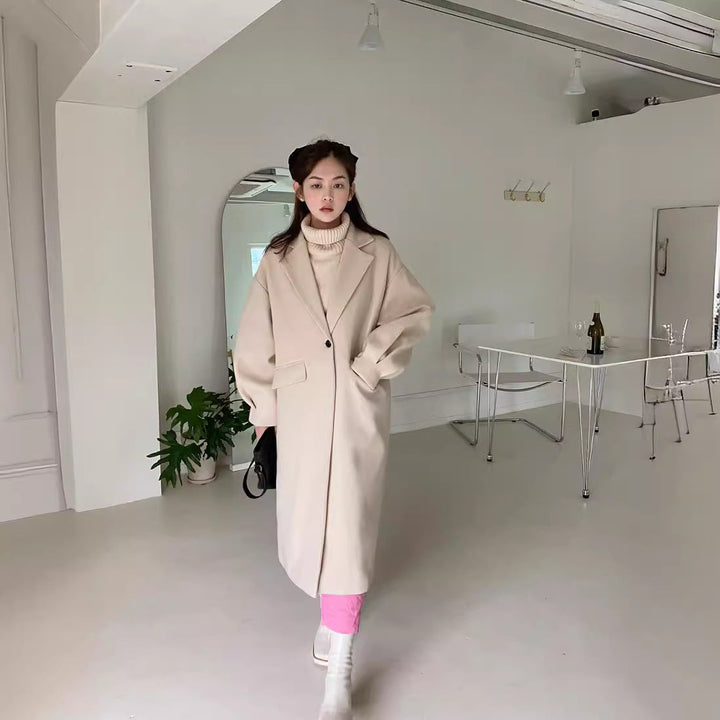 Women Longline Wool Blend Coat with boxy oversized fit and clean lapel