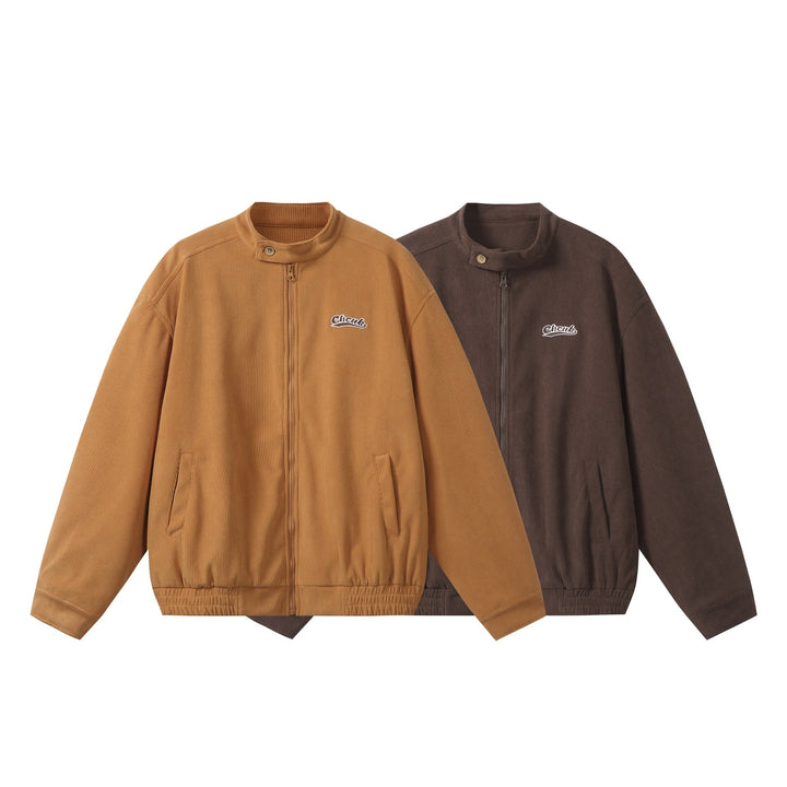 Unisex loose-fitting corduroy blouson jacket with stand-up collar, full-length zip, and elastic hem