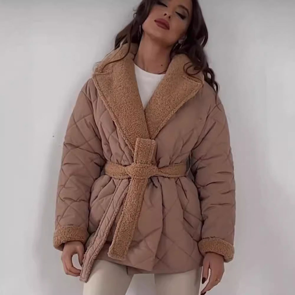 Women’s quilted jacket with teddy lining, fitted belt and large shawl collar