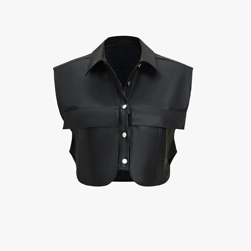 Women Short Sleeveless Faux Leather Vest with Oversized Shoulders