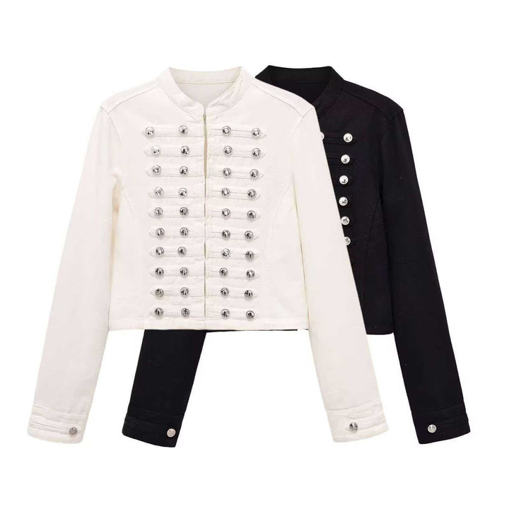 Women’s denim jacket in military style with row buttons and stand-up collar