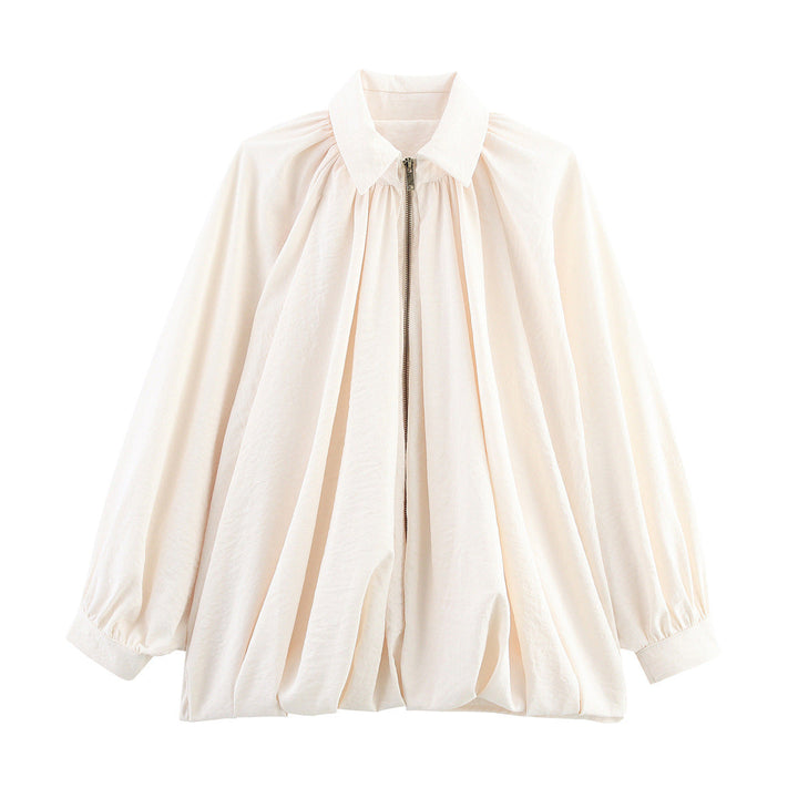 Women Wide Pleated Cape Transitional Jacket with Zip and Balloon-Shaped Hem
