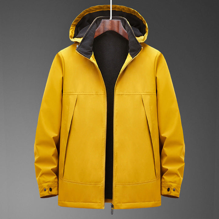 Men Water-resistant Multi-pocket Jacket with Hood and Fleece Lining