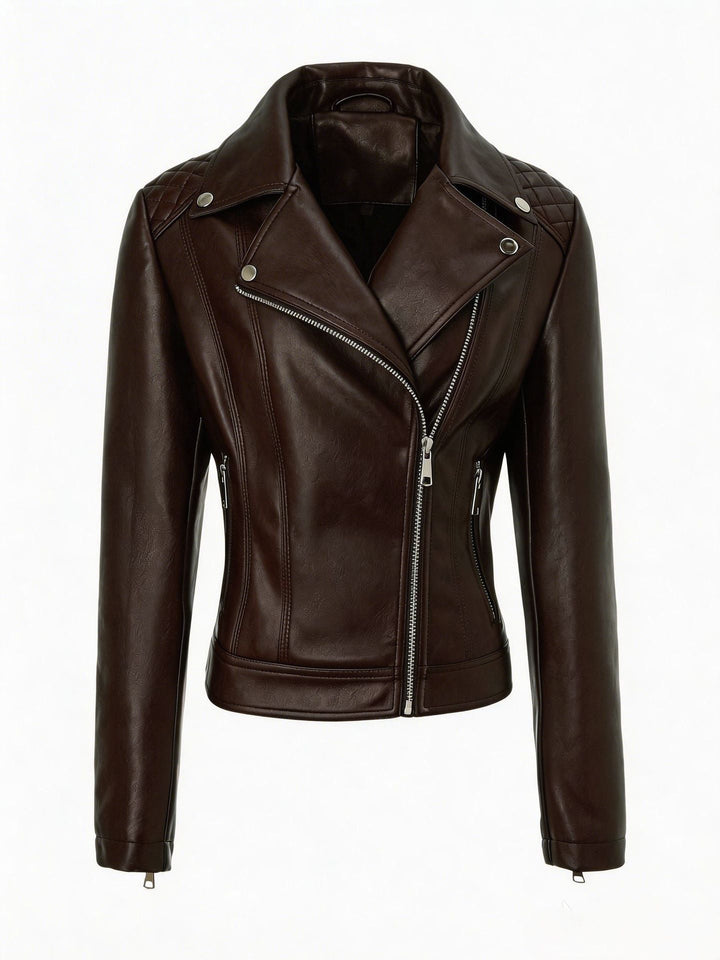 Women Tailored Leather Biker Jacket with Asymmetrical Zip