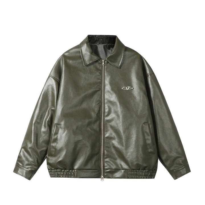 Ladies Oversize Smooth Leather Look Blouson Jacket with Elastic Hem and Metal Logo
