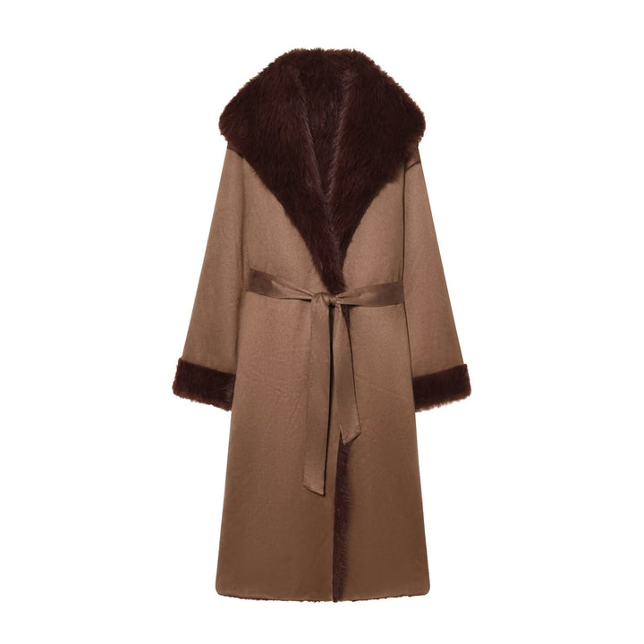 Women longer coat with faux fur trim and tie belt