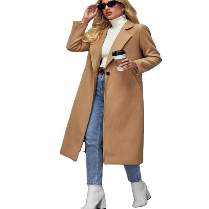 Women Maxilength Wool Blend Classic Coat with Minimalist Waist and Hidden Button Placket