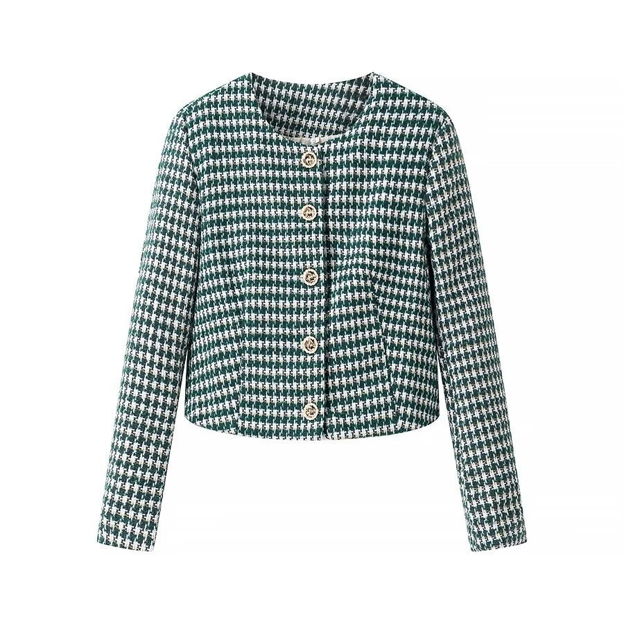 Women Tailored Boucle Short Blazer with Houndstooth Pattern and Decorative Buttons