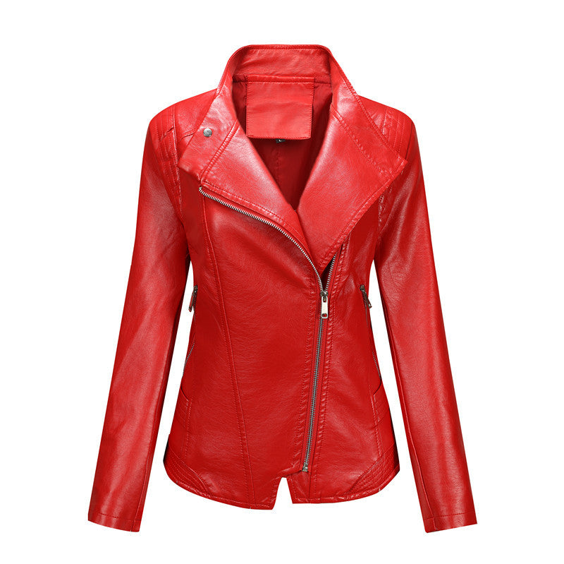 Women fitted biker jacket made of faux leather with asymmetrical zip and fitted cut