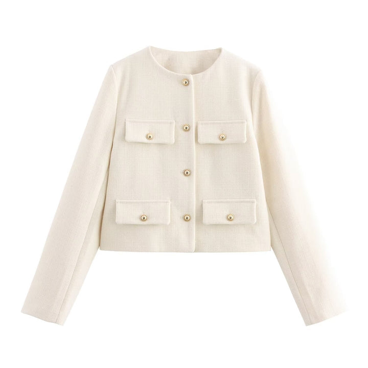 Women Short Boucle Blazer Jacket with Round Neck, Decorative Pocket Flaps, and Gold-Coloured Buttons
