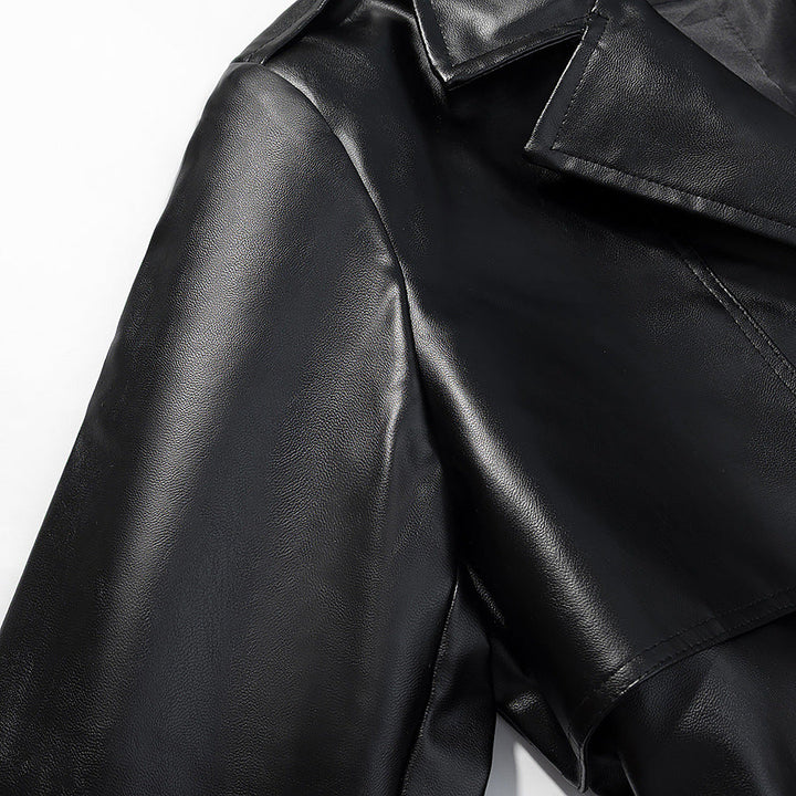 Women Longer Trench Coat in Leather Look with Tie Belt and Epaulettes