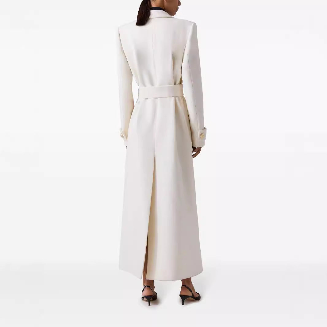 Women Long Double-Breasted Wool Coat with Waist Belt