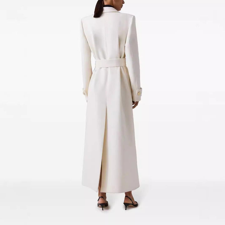 Women Long Double-Breasted Wool Coat with Waist Belt