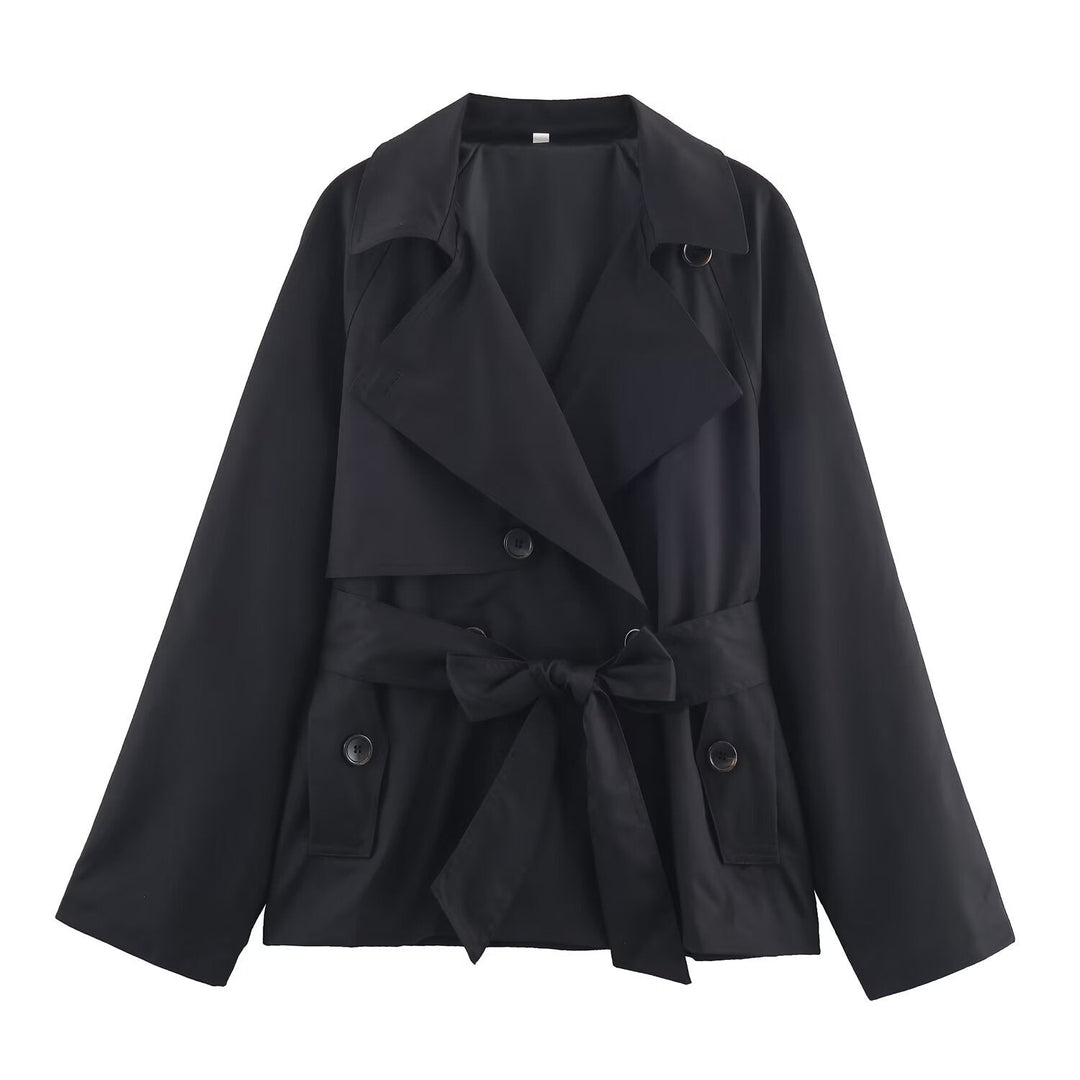 Women Cropped Waist Belt Trench Coat with Wide Lapels and Flap Pockets