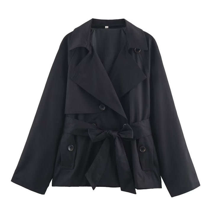 Women Cropped Waist Belt Trench Coat with Wide Lapels and Flap Pockets