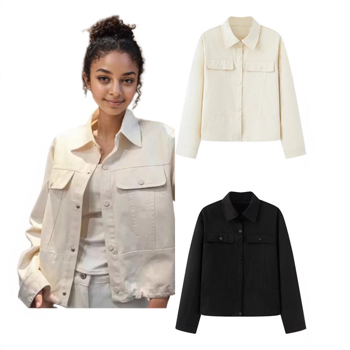 Women Short Cut Boxy Overshirt Jacket in Vegan Leather Look with Flap Pockets and Snap Button Closure