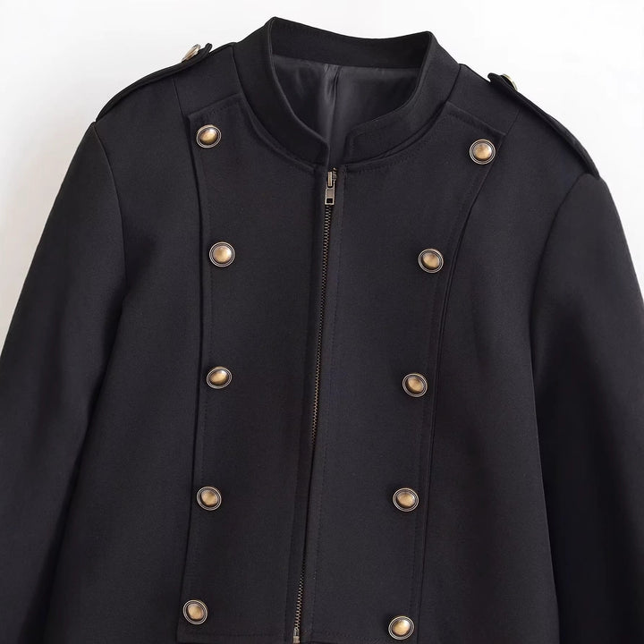 Ladies fitted short jacket in military style with decorative double-button placket, zip, and shoulder epaulettes