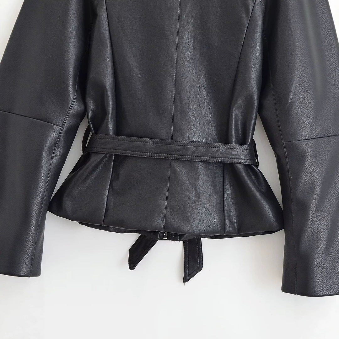 Women Tailored Leather Look Jacket with Tie Belt and Raglan Sleeves
